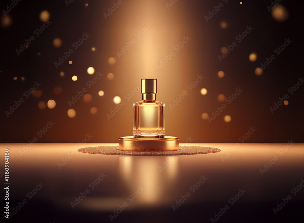 A luxurious perfume bottle, bathed in warm, golden light, sits on a circular pedestal. The spring-like ambiance is enhanced by sparkling bokeh. A luxurious perfume bottle, bathed in warm, golden light, sits on a circular pedestal. The spring-like ambiance is enhanced by sparkling bokeh.