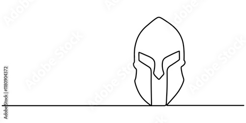 Continuous one line drawing of spartan helmet. Medieval, greek, roman, traditional, protection concept. Editable stroke vector, Continuous one line drawing of roman warrior helmet mask. One line pro. 