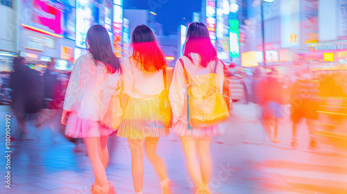 Three Fashionable Friends Exploring Tokyo's Vibrant Night Scene with Gyaru Style in High ISO Grainy Film Aesthetic