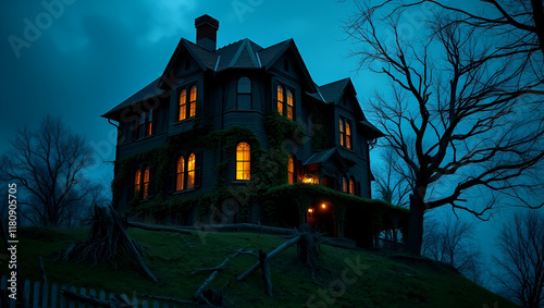 haunted house on a hill, with eerie lights flickering from the windows and thick vines creeping up the walls photo