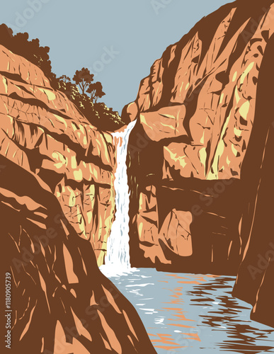 WPA poster art of Christopher Creek Gorge at the base of Mogollon Rim within Tonto National Forest in Gila County, Arizona, USA done in works project administration or federal art project style.
