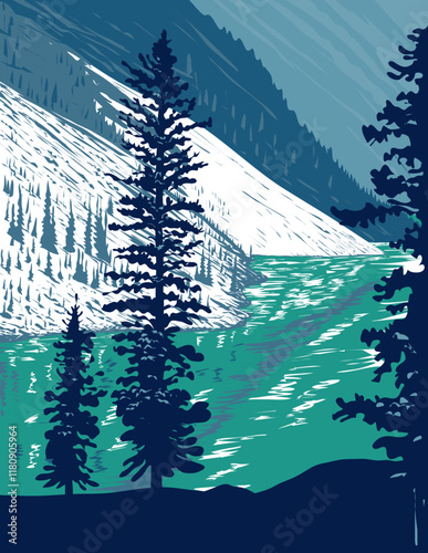 WPA poster art of Moraine Lake situated in the Valley of the Ten Peaks in Banff National Park, Alberta, Canada done in works project administration or federal art project style.
