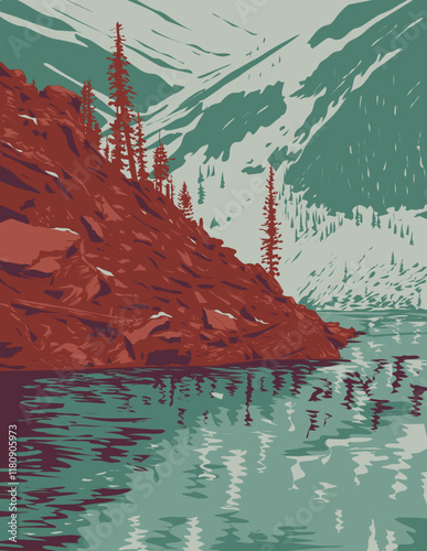 WPA poster art of Moraine Lake situated in the Valley of the Ten Peaks in Banff National Park, Alberta, Canada done in works project administration or federal art project style.
 photo