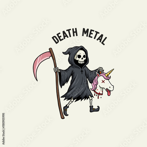 A cartoon grim reaper figure holds a decapitated unicorn head in a death metal themed illustration.