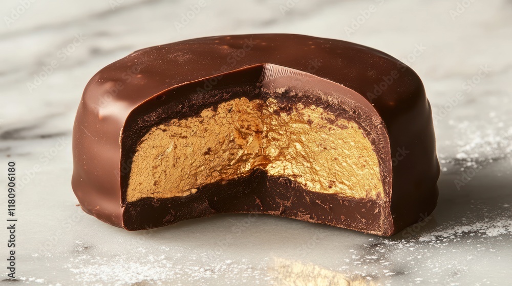 Gourmet chocolate confection, halved, marble background, dessert photography, food blog Gourmet chocolate confection, halved, marble background, dessert photography, food blog