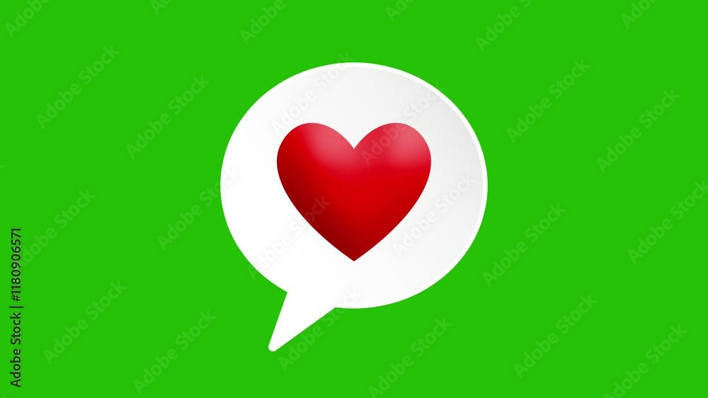 animated video of red heart inside white speech bulb on green screen background.  4K 