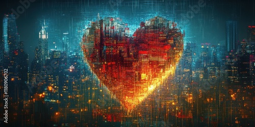 Digital Heart Over City Night Skyline