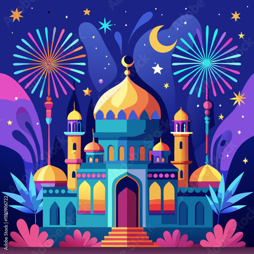 colorful illustration of a vibrant image of Eid celebrations with fireworks above a mosque.