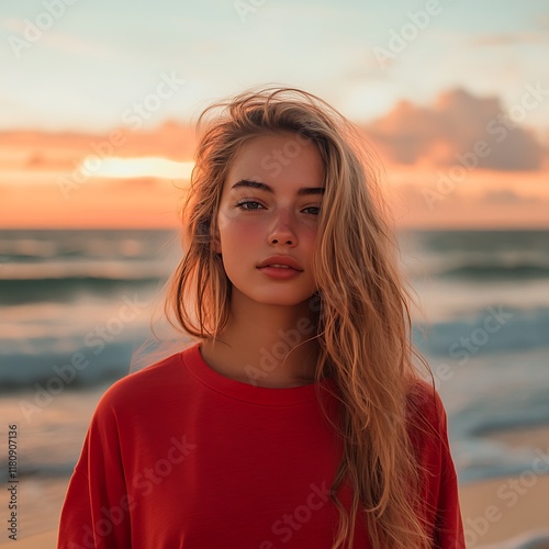 Woman With Long Blonde Hair Posing On Ocean Shore During Sunset With Orange Hues Sky