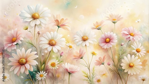 Delicate Watercolor Floral Arrangement Featuring Daisies and Cosmos in Pastel Hues