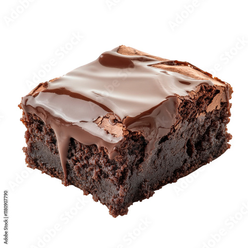 rich. fudgy chocolate brownie topped with a glossy layer of melted chocolate. showcasing its moist texture and indulgent appearance this dessert is perfect for satisfying sweet cravings and is often e photo