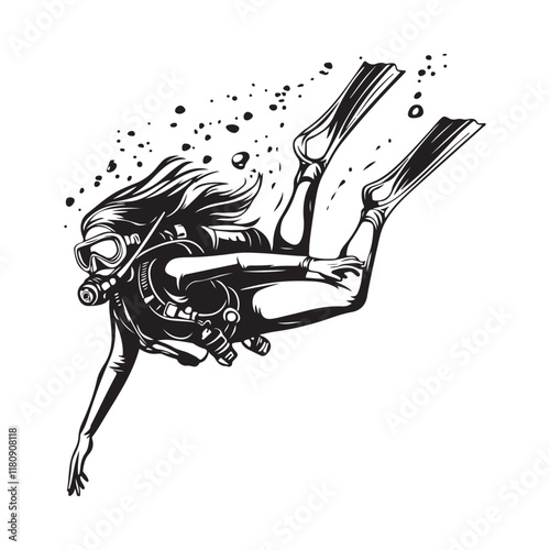  Woman Scuba Diver Stock Illustrations. Scuba diver woman swimming in the under water image vector