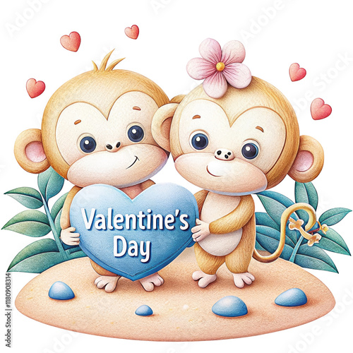 Cute Monkey Valentine's Day Love - Two adorable monkeys share a heart-shaped Valentine's Day message, symbolizing love, affection, friendship, romance, and celebration. photo