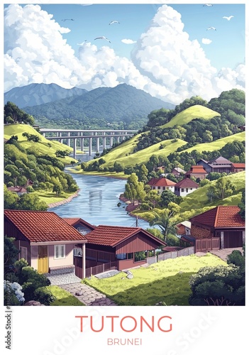 Tutong Brunei Travel Poster Flat Illustration Print Decor Gift Canvas Wall Art Gift photo