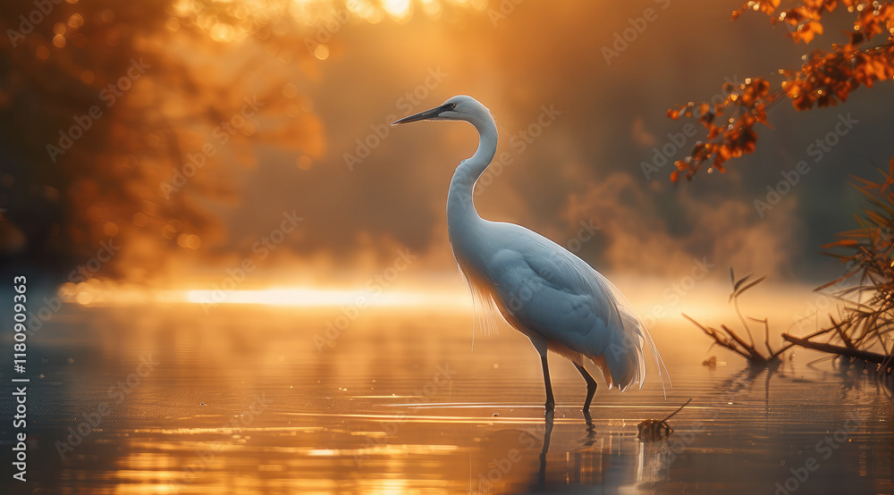Naklejka premium A white crane standing on the lake, golden light, mist, the river is wide and winding.