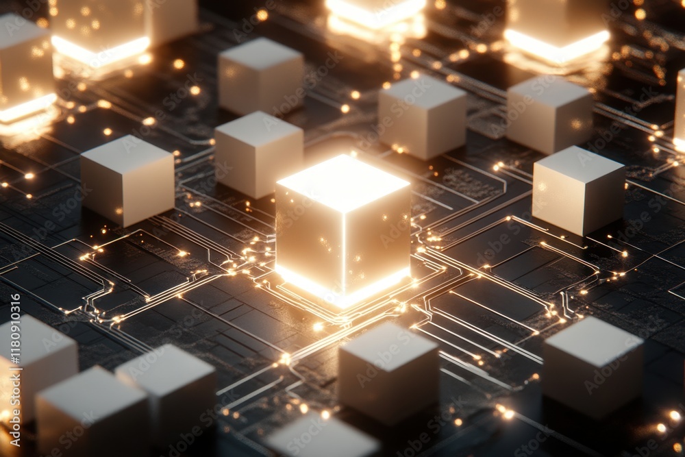 Digital Representation of Blockchain Structure with Illuminated Cubes and Circuitry in a Modern Tech Environment Digital Representation of Blockchain Structure with Illuminated Cubes and Circuitry in a Modern Tech Environment