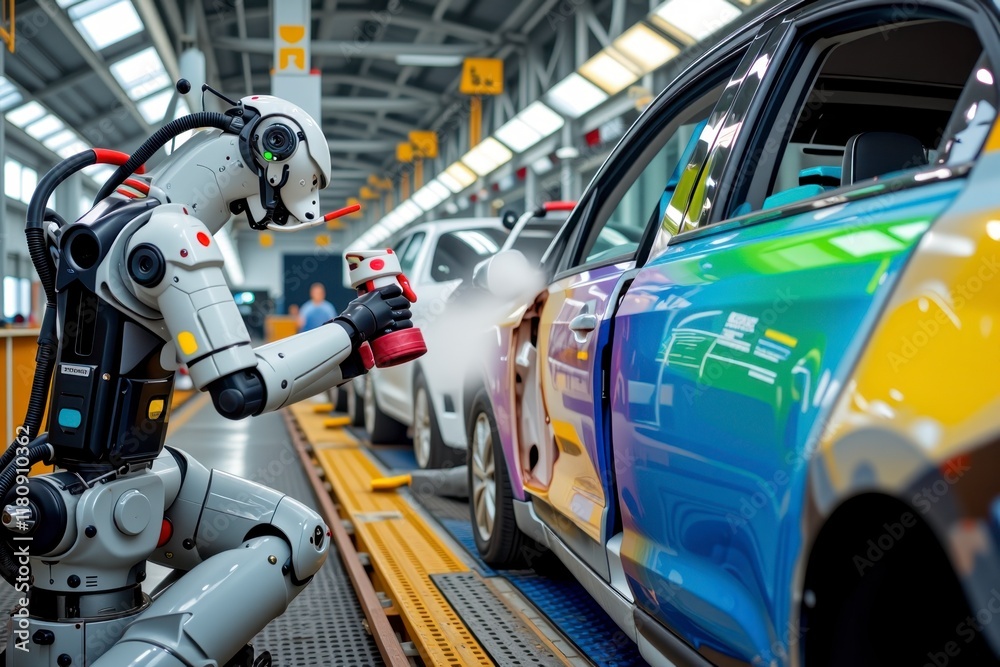 Fototapeta premium Industrial Robot Painting Automotive Car Door Automated Manufacturing Process Modern Technology
