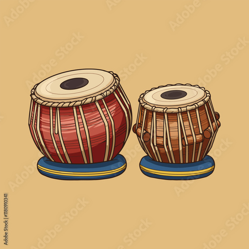The image shows a pair of tabla drums, a quintessential Indian percussion instrument, depicted in a colorful cartoon style.