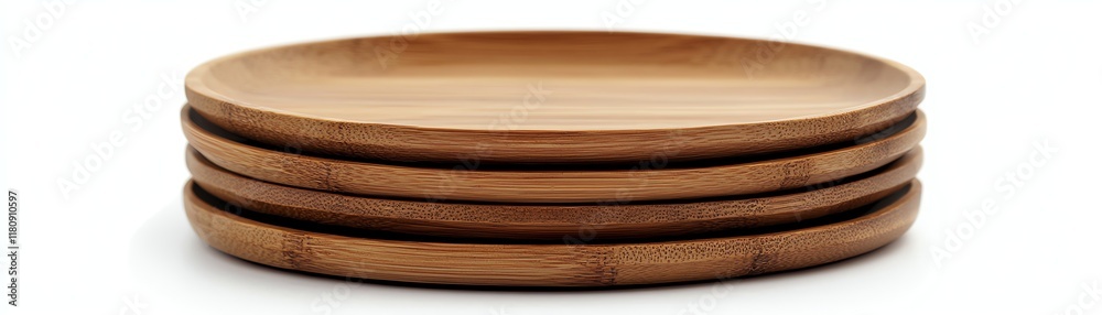 Four round bamboo plates stacked on top of each other on a white background. Four round bamboo plates stacked on top of each other on a white background.