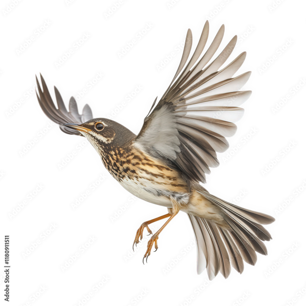 a bird in mid-flight. showcasing its intricate feather patterns and natural colors against a plain white background the focus on the bird emphasizes its beauty and grace. making it suitable for educat