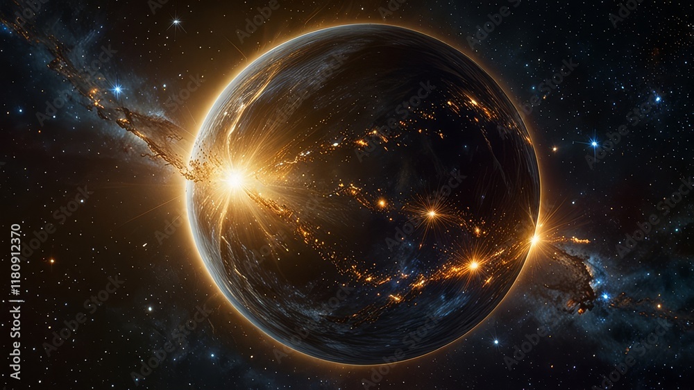 Obraz premium In a celestial masterpiece found deep within vast galaxies, a glowing orb of celestial significance floats majestically, radiating hues of shimmering golds and silvers. This exquisite photograph captu
