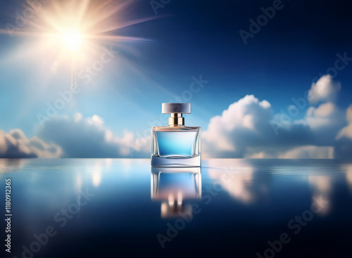 A bottle of perfume sits on a reflective surface, mirroring a vibrant spring sky filled with fluffy clouds and a radiant sun. photo