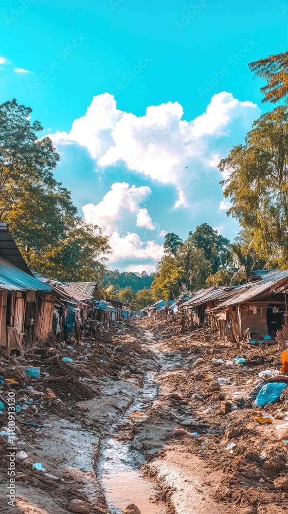 Obraz premium A narrow, muddy path lined with makeshift shelters under a bright sky.