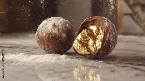 Gourmet chocolate truffles, gold leaf, kitchen, powdered sugar photo