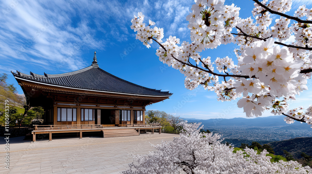 serene temple surrounded by blooming cherry blossoms under blue sky serene temple surrounded by blooming cherry blossoms under blue sky