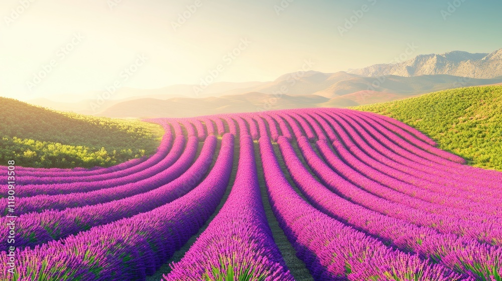 Obraz premium A scenic view of lavender fields in rolling hills under a soft sunrise.