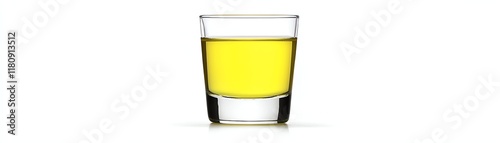 A shot glass filled with yellow liquid on a white background.