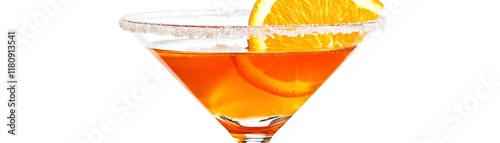 Martini glass with orange slice and sugar rim, white isolate background.