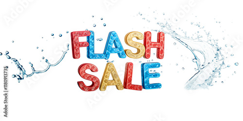 Creative water splash letter FLASH SALE on a transparent background showcasing the fluid and dynamic nature of liquid typography. Water splash isolated on white.