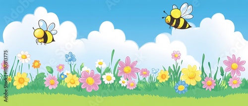 Colorful Spring Landscape with Bees and Flowers Under a Bright Blue Sky
