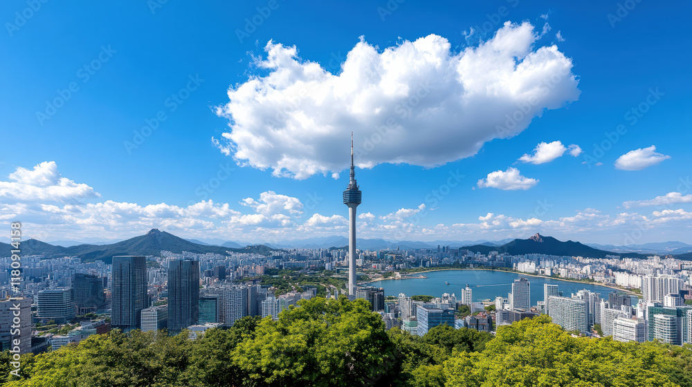 Fototapeta premium Stunning cityscape view featuring tower, mountains, and blue sky