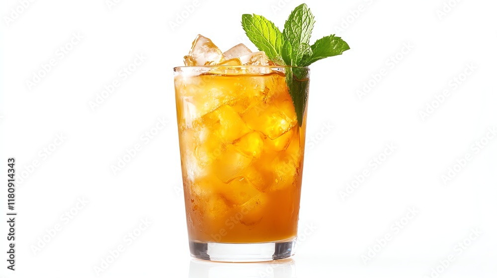 Refreshing iced tea in a glass with mint and ice cubes on a white isolated background. Refreshing iced tea in a glass with mint and ice cubes on a white isolated background.
