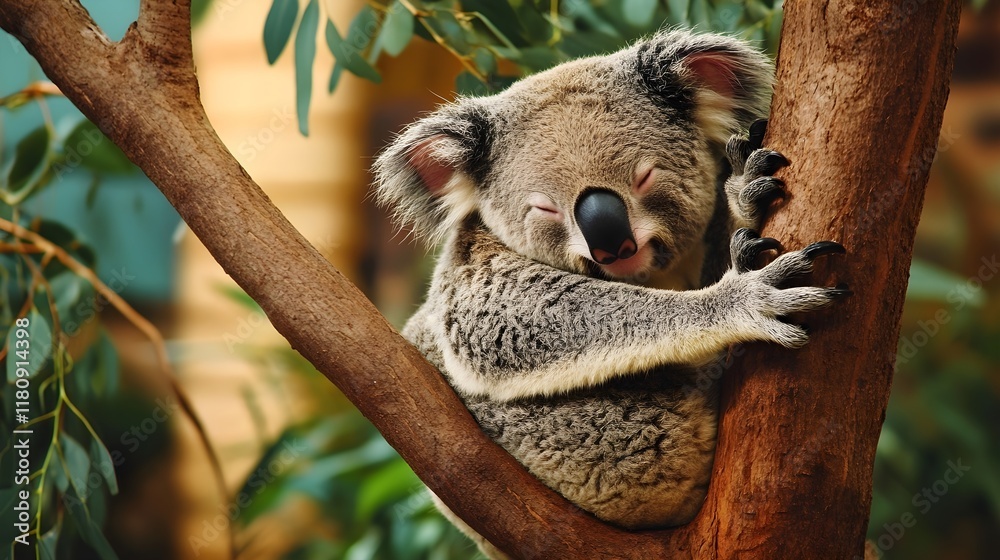 Fototapeta premium A photo of a koala resting on a eucalyptus tree branch in the Australian outback.