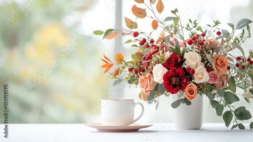 A white coffee cup sits on a table next to a vase of flowers