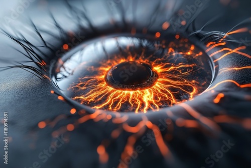 A detailed view of an eye featuring vibrant orange and red patterns resembling flames, set against a dark background. The unique design showcases a striking contrast with intricate textures