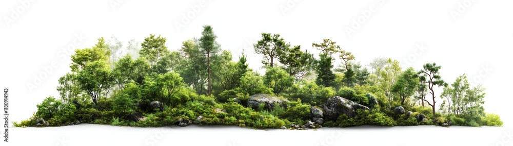 A vibrant cluster of trees and greenery on a white isolated background. A vibrant cluster of trees and greenery on a white isolated background.