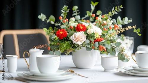 Wallpaper Mural A table with a white tablecloth and a vase of flowers in the center Torontodigital.ca