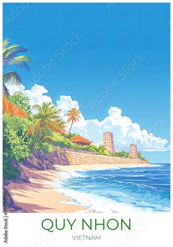 Quy nhon Vietnam Travel Poster Flat Illustration Print Decor Gift Canvas Wall Art Gift photo