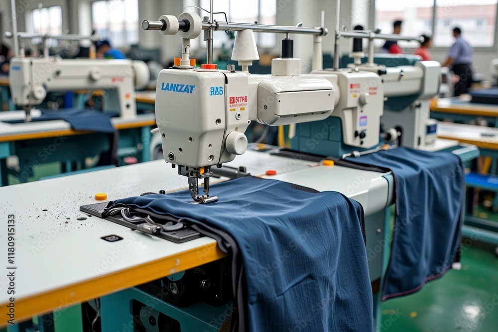 Industrial Sewing Machine Manufacturing Apparel Close up Detail of Fabric and Equipment Industrial Sewing Machine Manufacturing Apparel Close up Detail of Fabric and Equipment