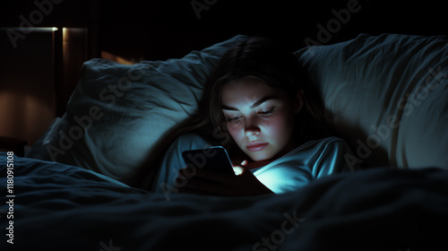 Girl laying in bed at night staring at her cell phone