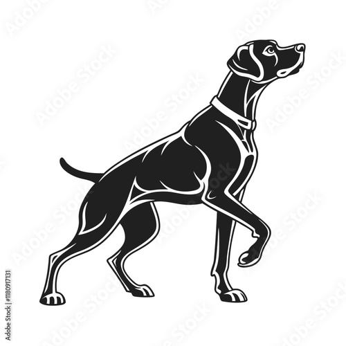 Powerful Hunting Dog Silhouette, Black and White Illustration