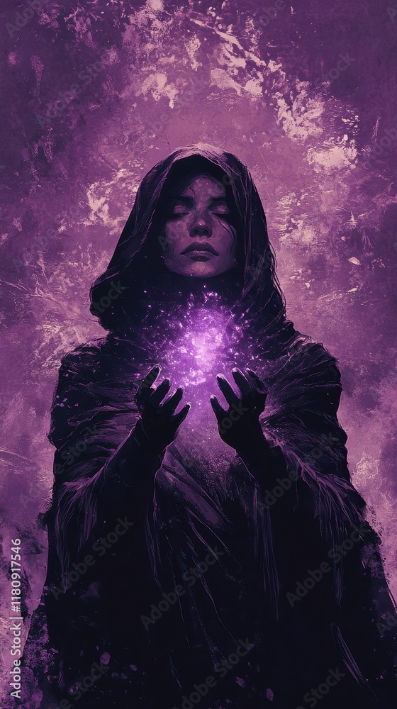 Hooded Figure Holding Purple Glowing Orb Of Light Hooded Figure Holding Purple Glowing Orb Of Light