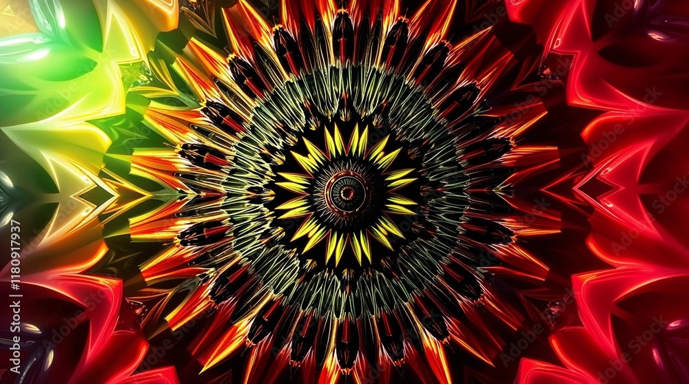 An epic scene of an ever-evolving kaleidoscope pattern with volumetric lighting and vibrant, complementary colors. Sharp angles and flowing lines shift; the background is a gradient, the central desig An epic scene of an ever-evolving kaleidoscope pattern with volumetric lighting and vibrant, complementary colors. Sharp angles and flowing lines shift; the background is a gradient, the central desig