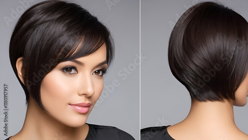 Closeup of a neatly styled side swept fringe hairstyle with the front and sides meticulously groomed and the back cleanly tapered for a sophisticated polished look photo