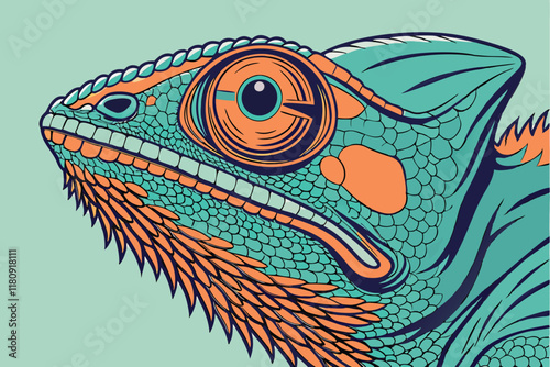 Extreme close-up of a chameleon face, vibrant turquoise and orange colors, detailed scales and textures, large expressive eyes, shallow depth of field, studio lighting, high-resolution macro photograp