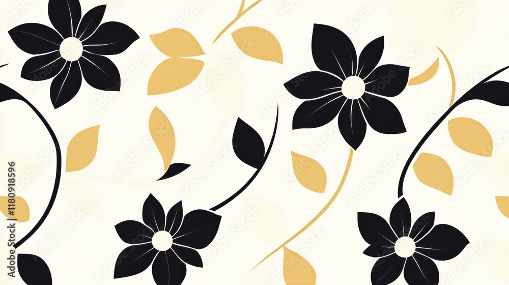 Elegant Floral Pattern with Black Flowers and Golden Leaves on Soft Cream Background Elegant Floral Pattern with Black Flowers and Golden Leaves on Soft Cream Background
